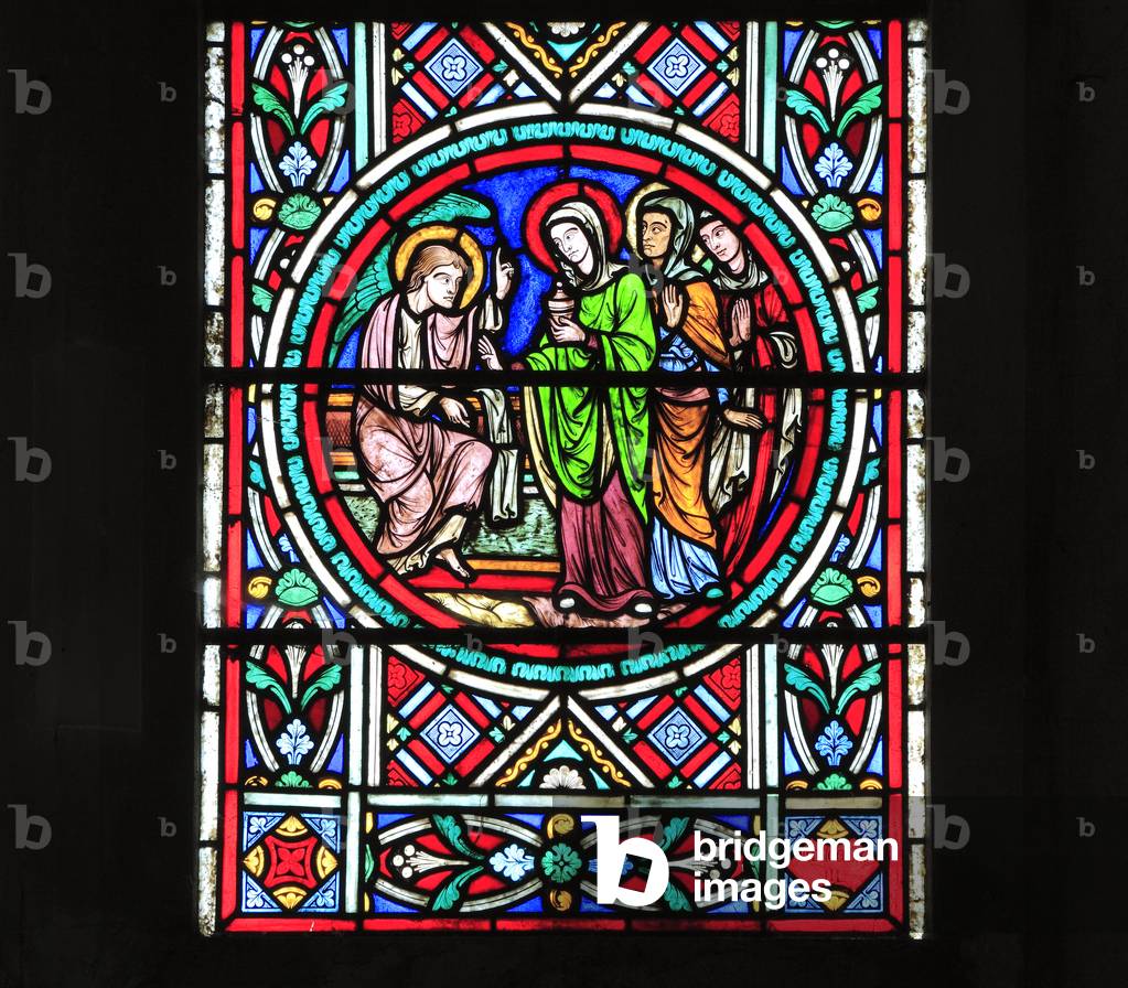 Three Marys meet the Angel at the empty Tomb,  Resurrection window, stained glass, by Adolph Didron of Paris, 1860, Feltwell, Norfolk, England, UK, Story of Easter