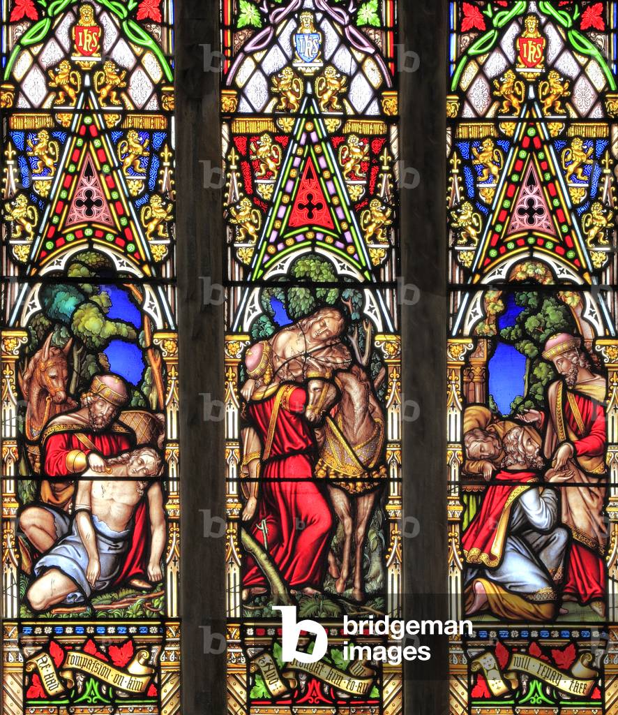 Good Samaritan Parable, tending traveller's injuries, carring him to an Inn, for care, paying the innkeeper, stained glass window, by William Warrington, 1856, Field Dalling, Norfolk, England, UK
