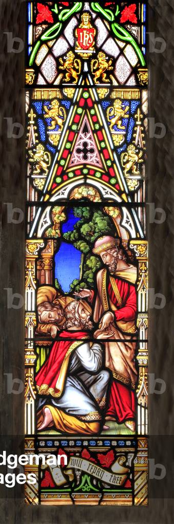 Parable of the Good Samaritan, Samaritan pays innkeeper, 'I will repay thee', stained glass window, by William Warrington, 1856, Field Dalling, Norfolk, England (photo)