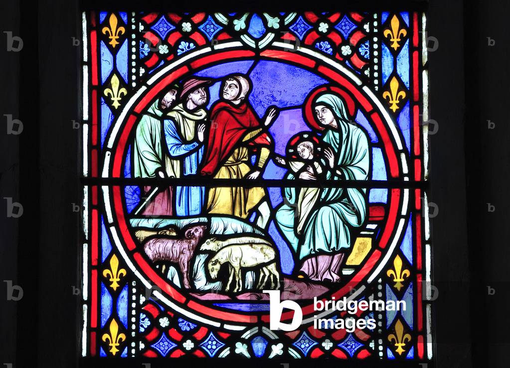 Nativity Window, stained glass by Oudinot of Paris, 1861, Feltwell Church, Norfolk. Shepherds visit the newborn Jesus and Mary, Story of Christmas