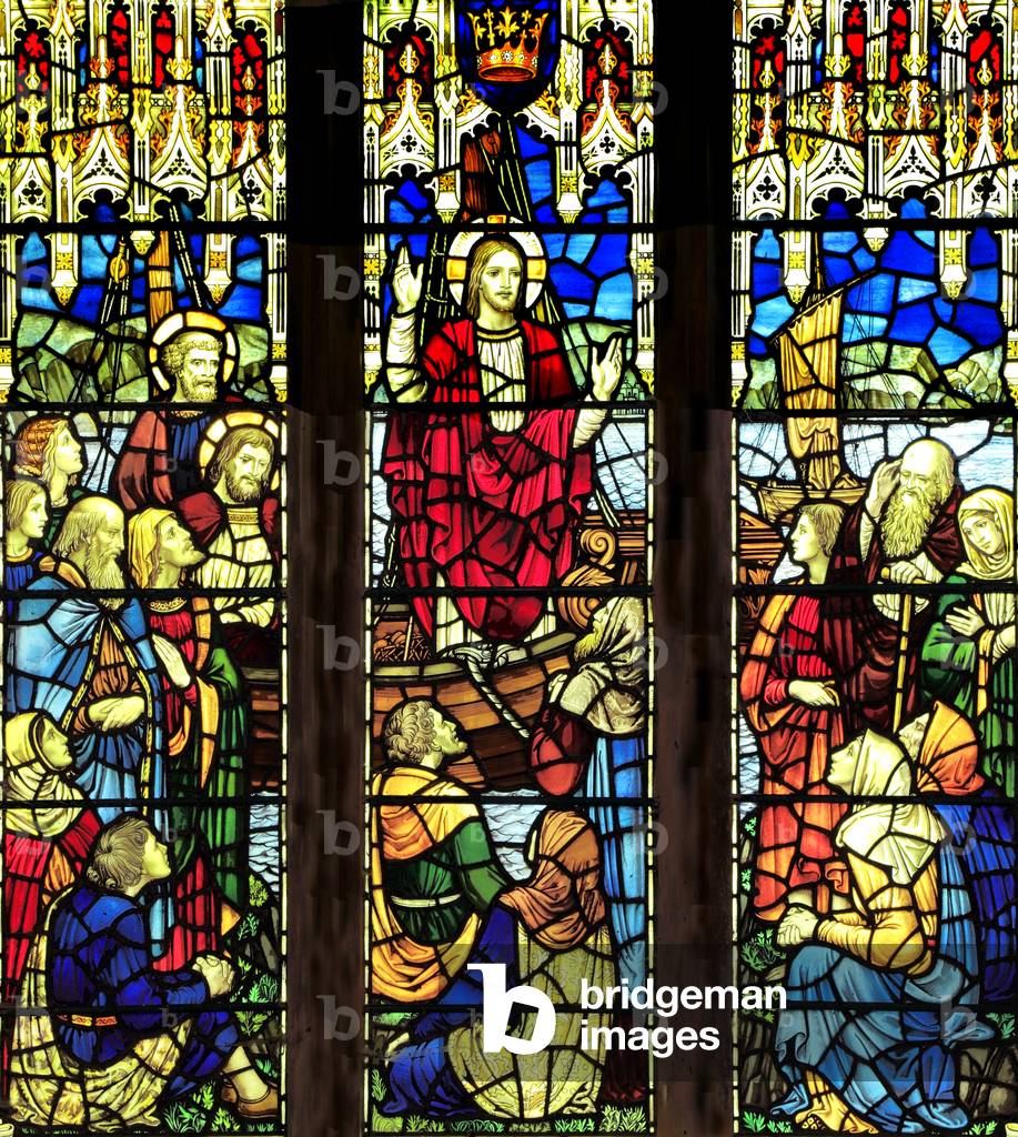 Jesus Christ speaking, preaching, parables from a fishing boat, stained glass by J'Powell & sons, 1920, Saxlingham, Norfolk, England, UK