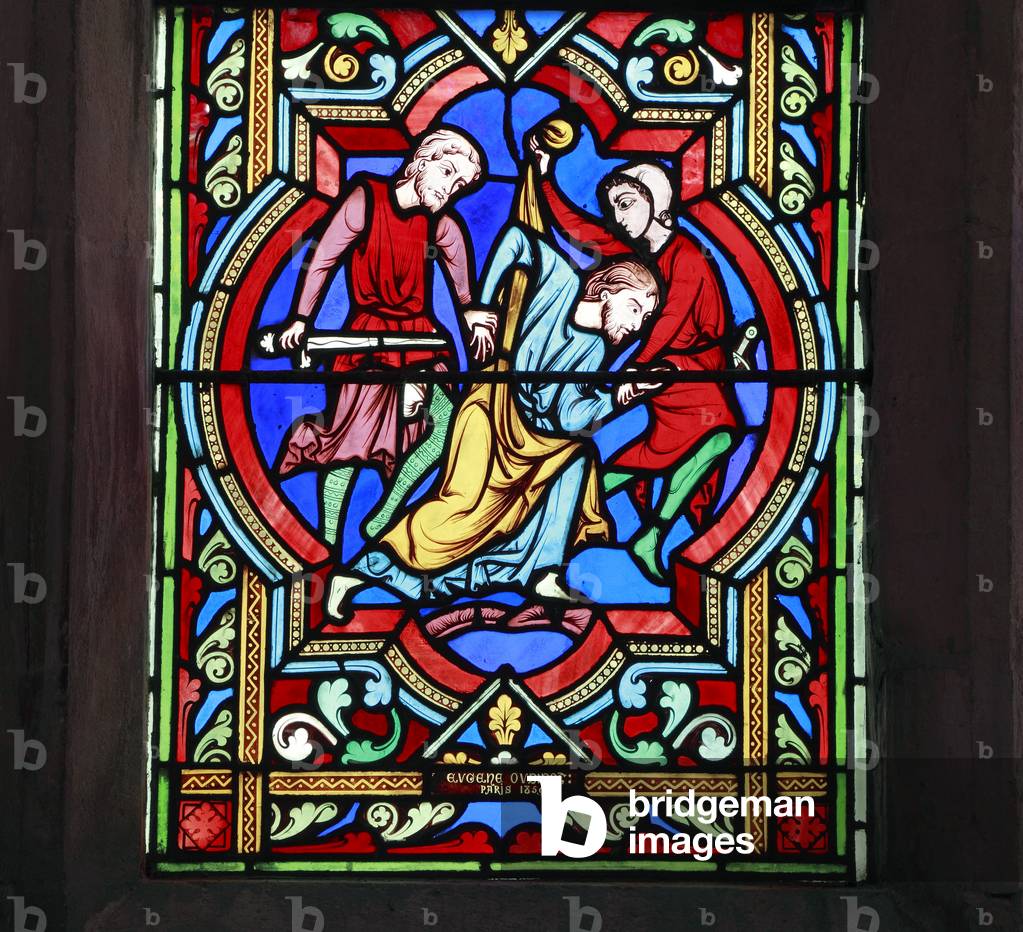 The Good Samaritan Parable, traveller attacked and robbed, stained glass window by Oudinot of Paris, 1859, Feltwell, Norfolk (photo)