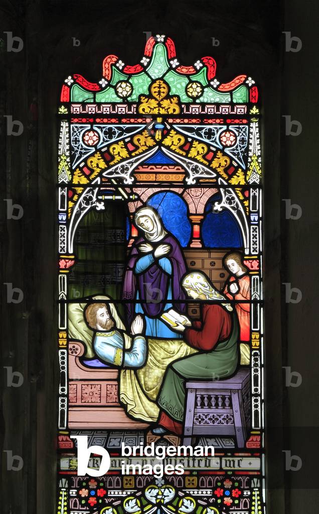 Corporal Acts of Mercy window, stained glass window by Frederick Preedy, 1868, visiting the sick, Gunthorpe, Norfolk, England (photo)