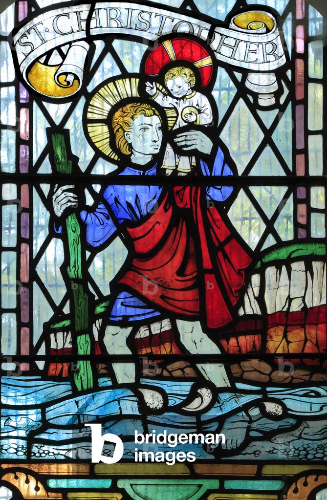 St. Christopher carrying the Christ child with background of Hunstanton Cliffs (stained glass)