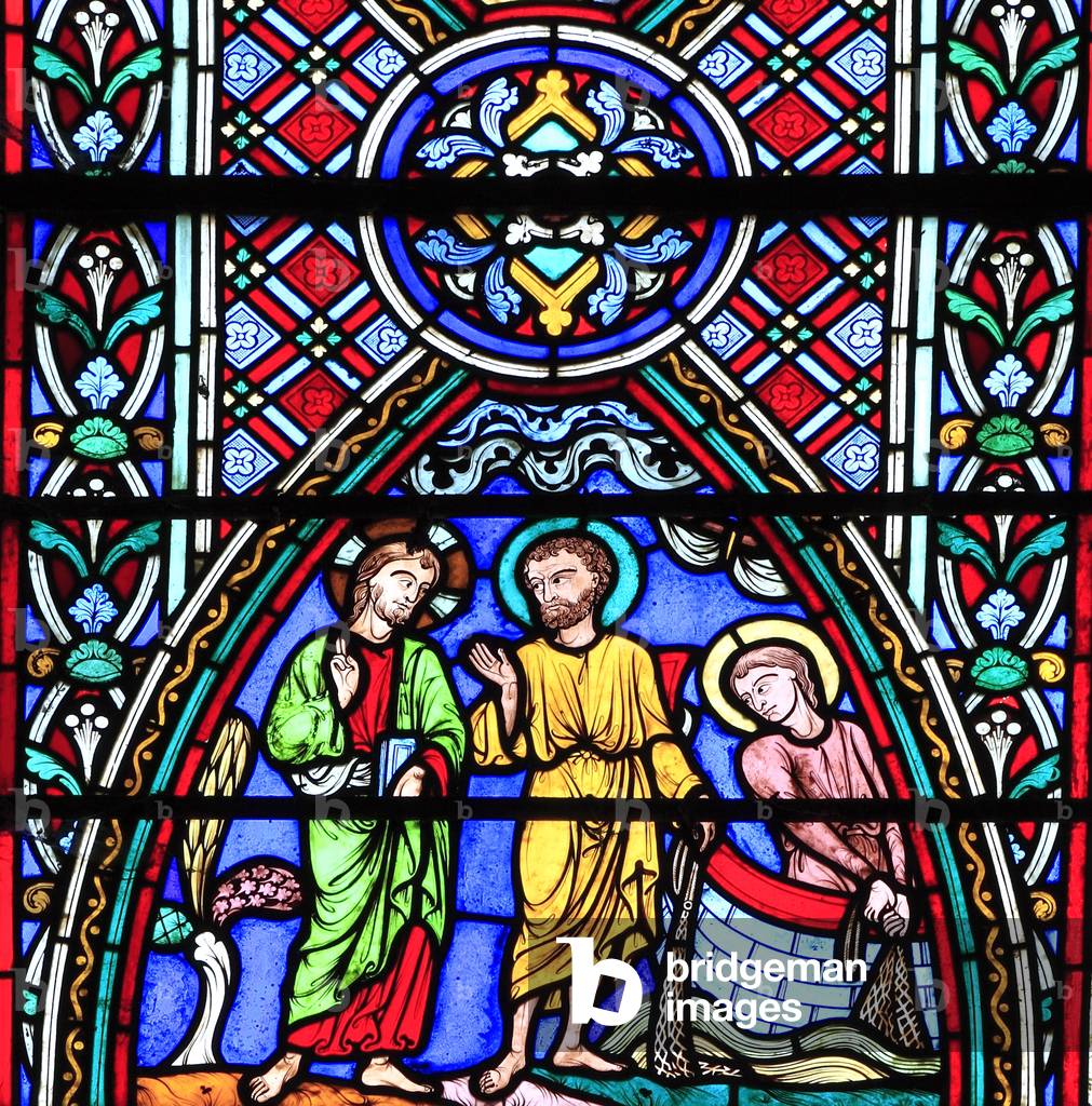 Life of Jesus window, Feltwell church, stained glass by Didron of Paris, 1859, Jesus with apostles Peter and Andrew, casting fishing net in Sea of Galilee, Norfolk, England, UK