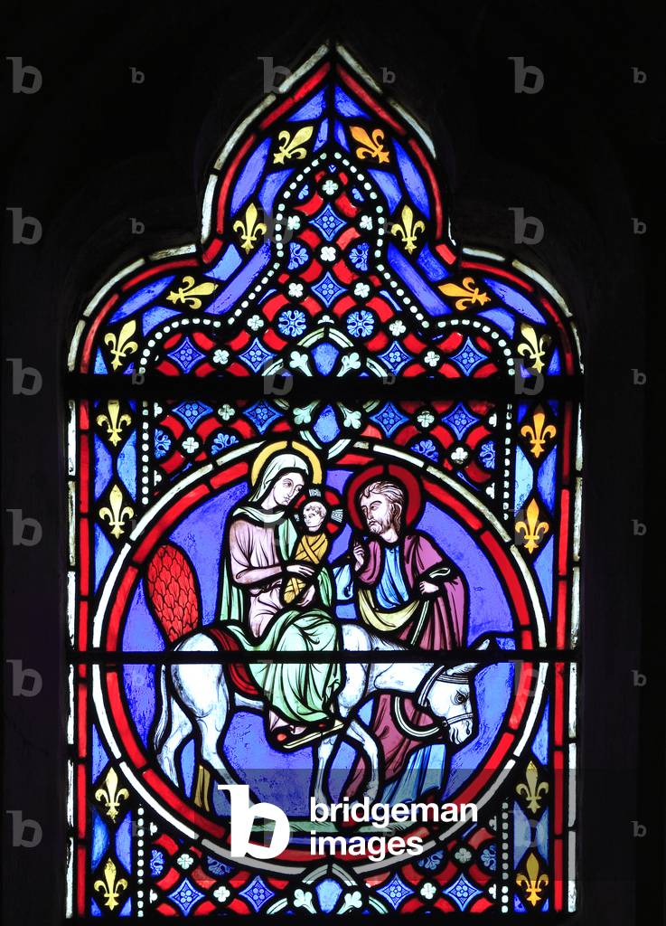 Nativity Window, stained glass by Oudinot of Paris, Mary, Joseph and baby Jesus flee to Egypt, 1861, Feltwell Church, Norfolk (photo)