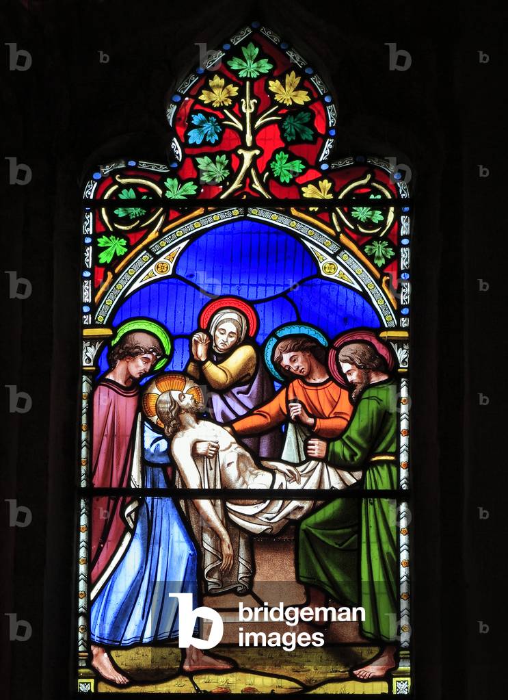 Story of Easter, Entombment of Jesus, stained glass window by William Warrington, 1854, Gunthorpe, Norfolk, England, UK