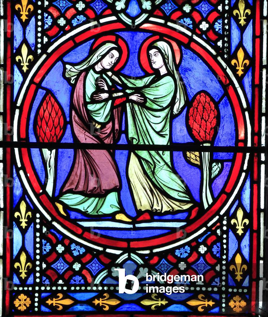 Nativity Window, stained glass by Oudinot of Paris, 1861, Feltwell Church, Norfolk. Visit of Virgin Mary to her cousin Elizabeth, visitation, Story of Christmas