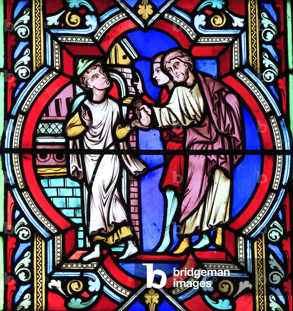 The Good Samaritan Parable, Samaritan takes the injured traveller to an Inn, for care, stained glass window by Oudinot of Paris, 1859, Feltwell, Norfolk (photo)