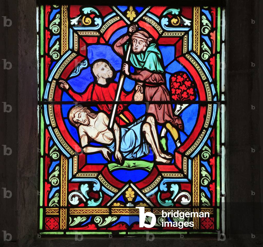 The Good Samaritan Parable, traveller stripped, beaten, left for dead on roadside, stained glass window by Oudinot of Paris, 1859, Feltwell, Norfolk, England, UK