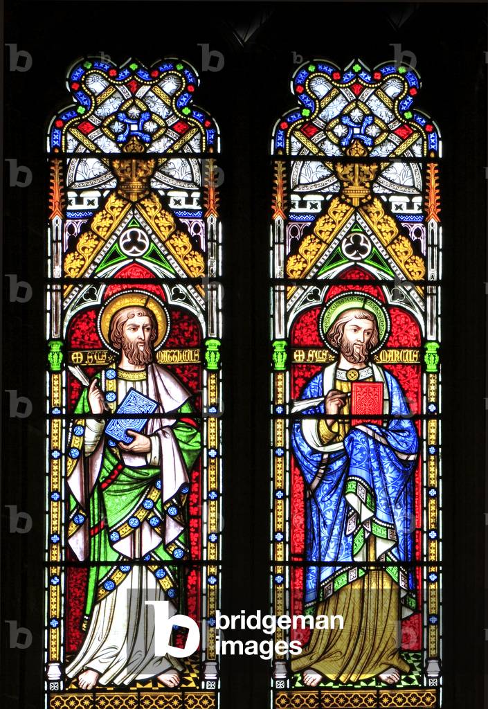 The Resurrection of Jesus Christ, St. Matthew, Mark, Luke, John, Peter and Paul, stained glass window by William Wailes, 1853, Swaffham, Norfolk, England, UK, detail