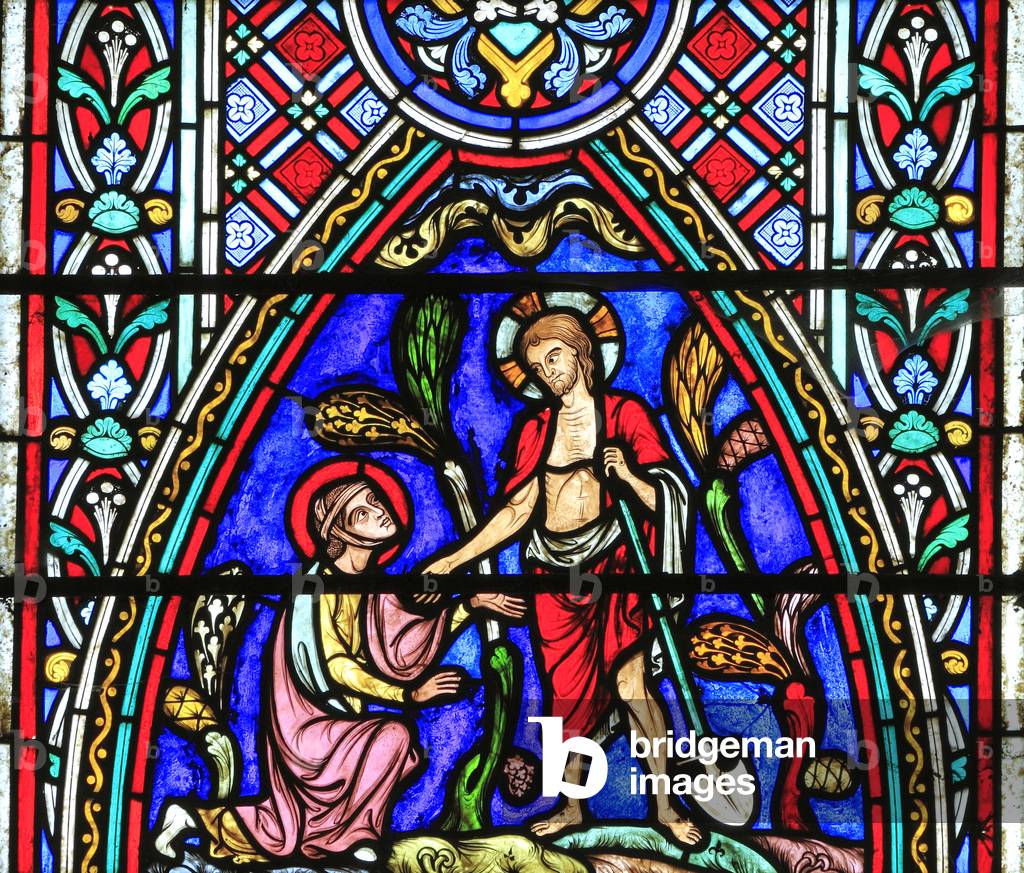 Mary Magdalene mistakes the Risen Christ for the gardener, Feltwell church, stained glass by Didron of Paris, 1860, Resurrection window, Norfolk, England, UK, Story of Easter