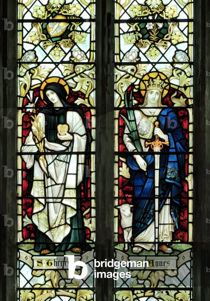 St. Theresa and St. Agnes, from St. Nicholas Church, Blakeney, Norfolk, 1900 (stained glass)
