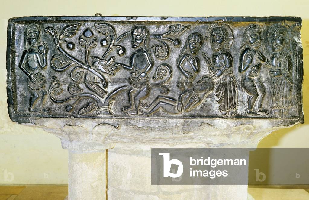 The North Face of the Tournai font, showing the Creation of Adam and Eve, c.1130-50 (marble)