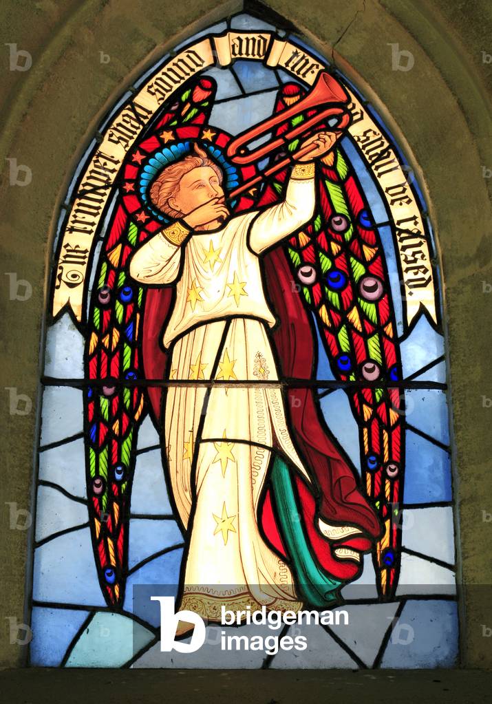 The Trumpet shall Sound and the Lord shall be raised, stained glass window, angel, Sculthorpe church, Norfolk, England, UK