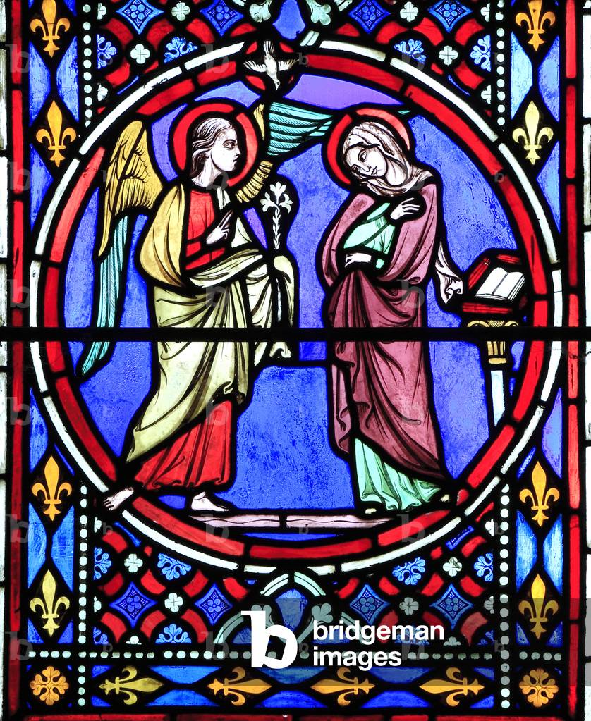 Nativity Window, stained glass by Oudinot of Paris, 1861, Feltwell Church, Norfolk. Annunciation by Archangel Gabriel to Virgin Mary, Story of Christmas