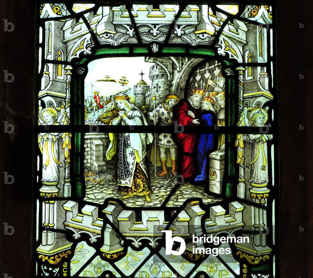 Scene from the life of St. George, Princess Sabra chosen to be devoured by the dragon, Sandringham Parish Church, Norfolk (photo)