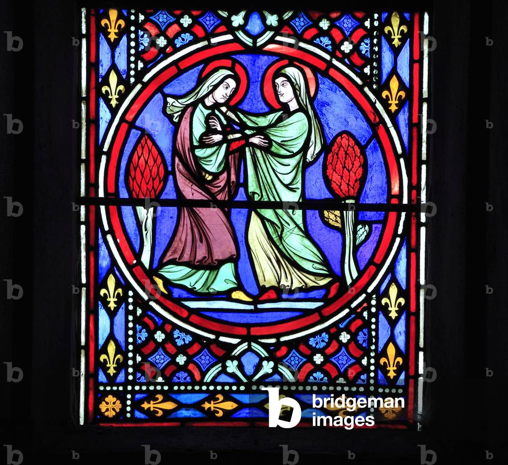 Nativity Window, the Visitation, stained glass by Oudinot of Paris, 1861, Feltwell Church, Norfolk (photo)