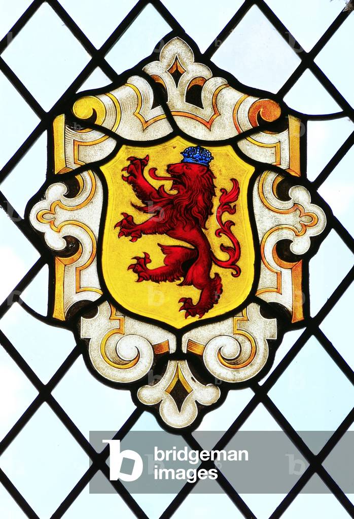 Heraldic stained glass window, East Barsham Manor, Norfolk, England, UK