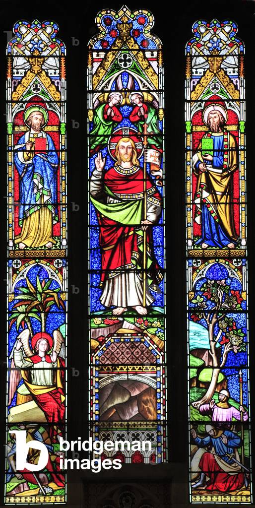 St. Mark, Resurrection of Jesus Christ, St. Luke, stained glass window by William Wailes, 1853, Swaffham, Norfolk, England, UK