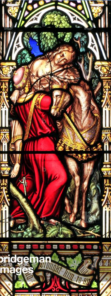 Good Samaritan Parable,Samaritan brings traveller to an Inn, for care, 'and brought him to an Inn', on a donkey, stained glass window, by William Warrington, 1856, Field Dalling, Norfolk, England, UK