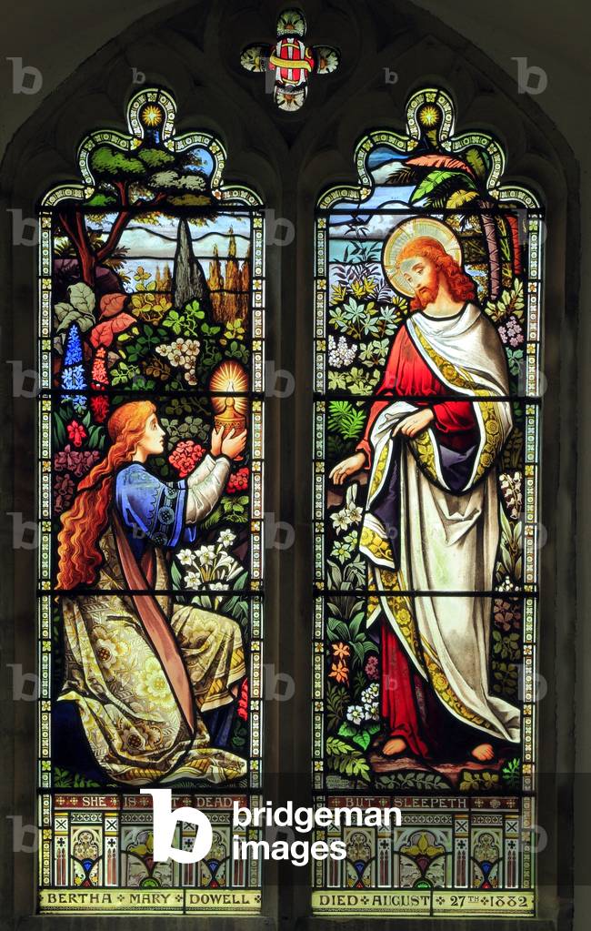 Mary Magdalene and the risen Jesus Christ, stained glass window, 1883, by Ward & Hughes, Dunton, Norfolk, England, UK