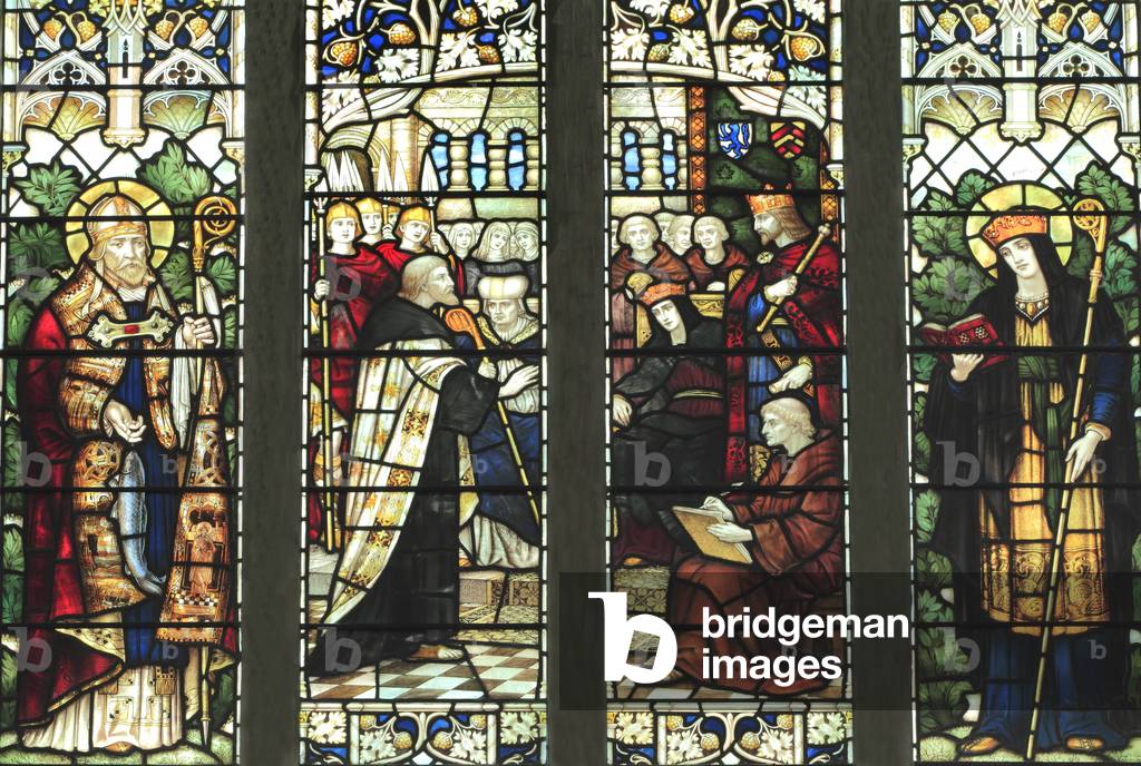 St. Wilfrid, Archbishop Theodore, Venerable Bede, St. Hilda, from St. Nicholas Church, Blakeney, Norfolk, 1900 (stained glass)