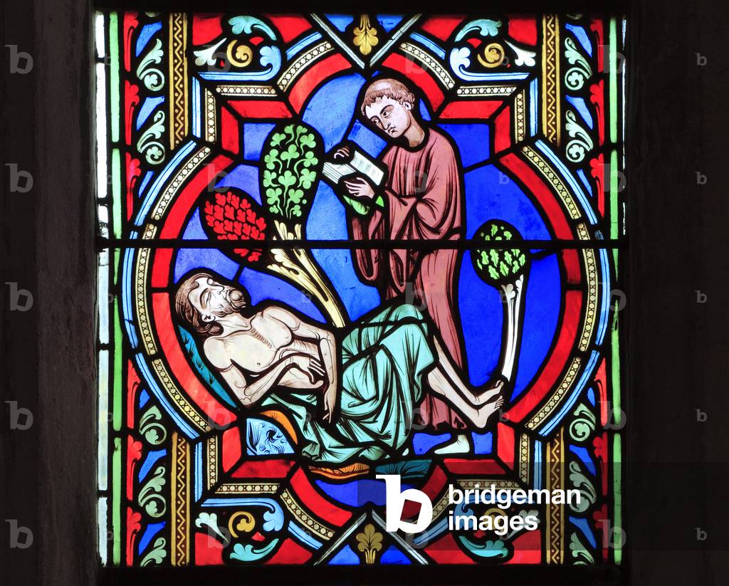 The Good Samaritan Parable, a Levite 'passes by on the other side', ignoring dying traveller, stained glass window by Oudinot of Paris, 1859, Feltwell, Norfolk, England, UK