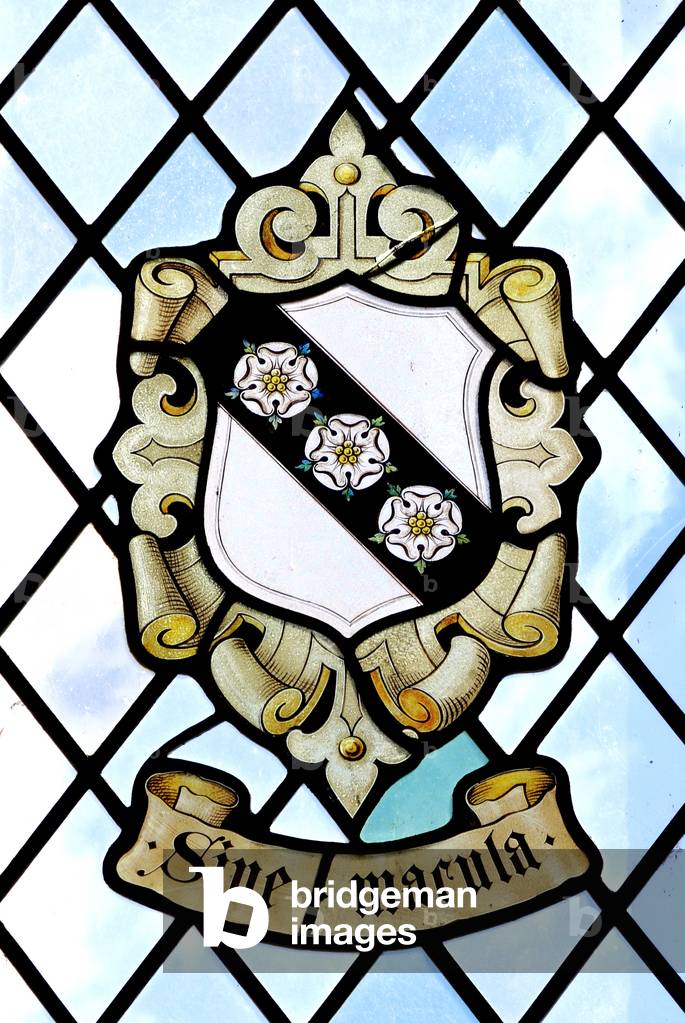 Sine Macula, Without Blemish, Without Stain, heraldic stained glass window of the Carey Family, East Barsham Manor, Norfolk, England, UK