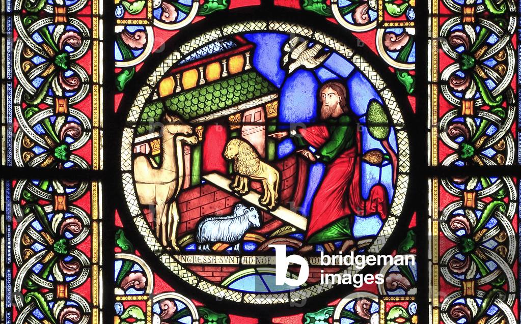 Noah and The Ark, animals entering ark, two by two, lions, sheep, camels, stained glass window by Alfred Gerente, 1849, Ely Cathedral, Cambridgeshire