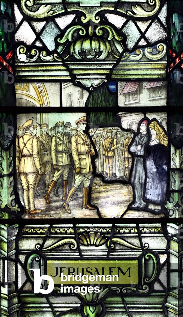 First World War scene, stained glass window, Jerusalem, by William Morris & Co, 1918, Swaffham church, Norfolk, England, UK