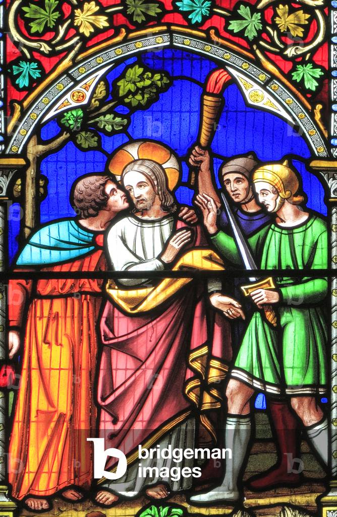 Story of Easter,Jesus betrayed by the Kiss of Judas,  stained glass window by William Warrington, 1854, Gunthorpe, Norfolk, England, UK