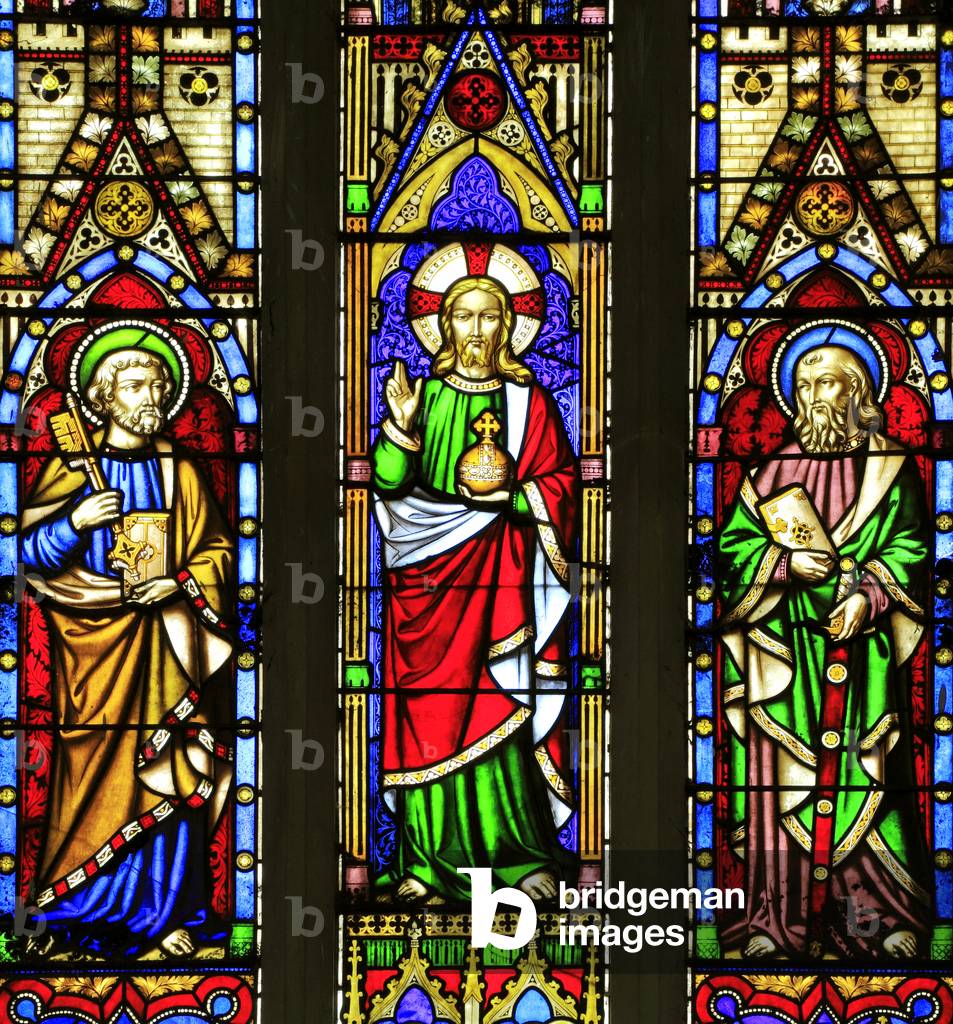 St. Peter, Jesus Christ, St. Paul, stained glass window by Wilmshurst & Oliphant, 1840, Hillington, Norfolk, England (photo)