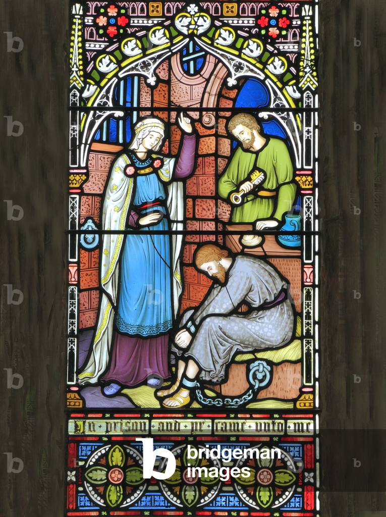 Corporal Acts of Mercy window, stained glass by Frederick Preedy, 1868, visiting the imprisoned, Gunthorpe, Norfolk, England (photo)