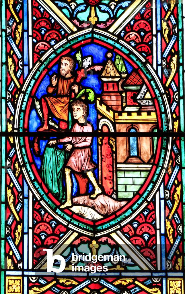 Jesus welcomed in Jerusalem, on Palm Sunday, people spreading coats before him, cutting palms, The passion Window, stained glass by Adolph Didron of Paris, 1860, Feltwell St. Mary, Norfolk, England, UK, The Easter Story