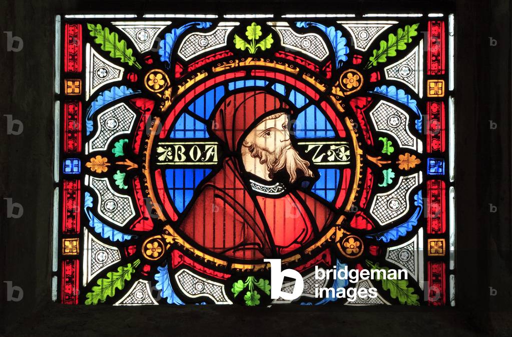 Boaz, detail from the Story of Ruth, stained glass window by Robert Bayne of Heaton, Butler & Bayne, 1862, Sculthorpe church, Norfolk (photo) 