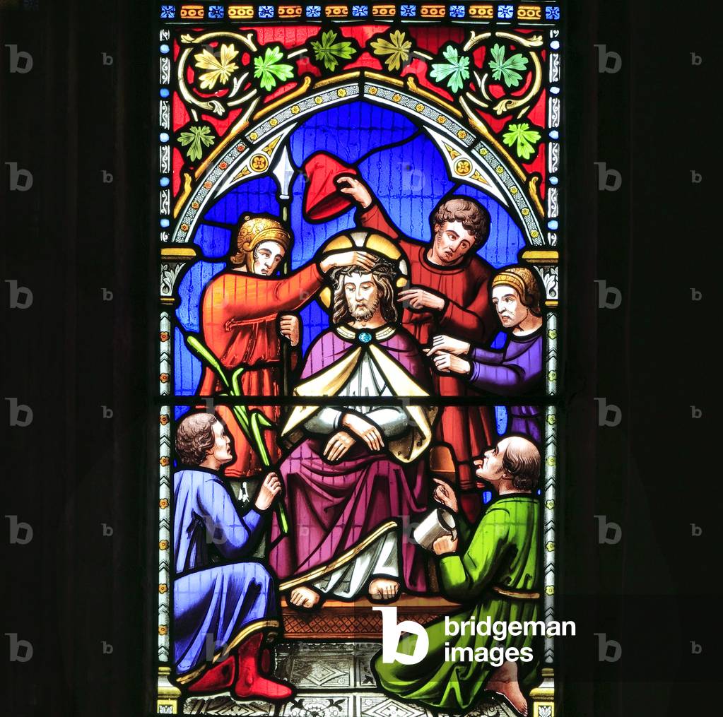 Story of Easter, Jesus crowned with thorns, crowning, stained glass window by William Warrington, 1854, Gunthorpe, Norfolk, England (photo)