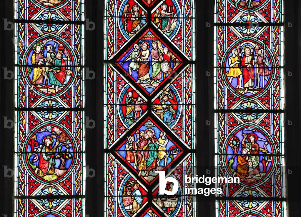 Passion Window, detail of stained glass by Adolph Didron of Paris, 1860, Feltwell church, Norfolk, England, UK, The Easter Story