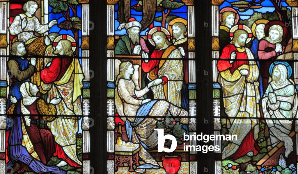 Miracles of Jesus, Say Unto Thee Arise, Jairus' daughter, Talitha Koum, Lazarus Come Forth, stained glass window by Heaton, Butler & Bayne, 1878, Swaffham, Norfolk, England (photo)