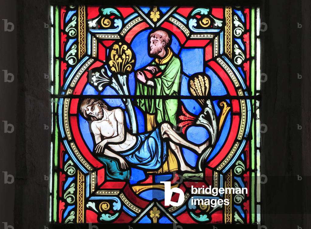 The Good Samaritan Parable, a Priest 'passes by on the other side', ignoring dying traveller, stained glass window by Oudinot of Paris, 1859, Feltwell, Norfolk, England, UK