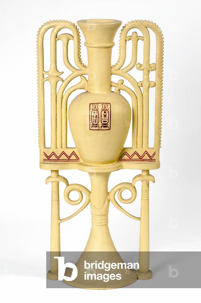 Replica of a calcite-alabaster perfume vase and an ornamental stand from the tomb of Tutankhamun, 1924 (painted plaster) 
