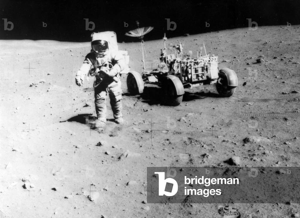 James Irwin (1930-1991) moonwalking during the Apollo 15 mission, 13 August 1971 (b/w photo)