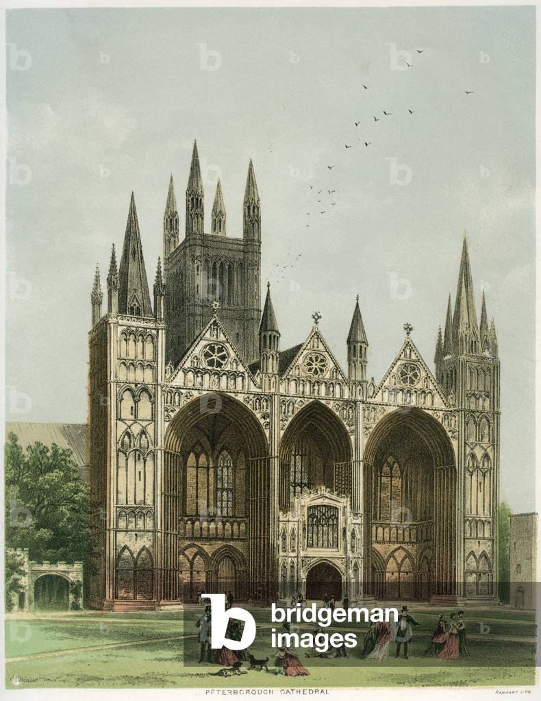 Peterborough Cathedral, Cambridgeshire, c1870. Peterborough Cathedral was consecrated in 1238. It is dedicated to Saints Peter, Paul and Andrew, statues of whom stand in front of the three gables of the building's west front. Two Tudor Queens of England were buried in the cathedral, Catherine of Aragon and Mary Queen of Scots, although the latter was reburied in Westminster Abbey in 1612. The interior of the cathedral was vandalised by Cromwell's troops in 1643 during the English Civil War.