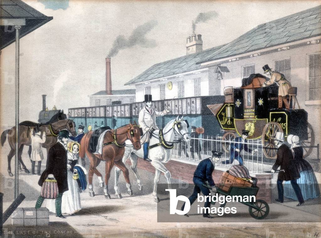 Le dernier voyage de la poste Royale anglaise en Carrosse qui disparait avec l'arrivee du chemin de fer en 1830. L'image montre le transfert du courrier du carosse au train sur la ligne reliant Londres a Louth (region du Lincolnshire en Angleterre). Les quatre chevaux sont mis de cote sur le quai de la gare. Representation de 1840. Oxford Science Archive.
