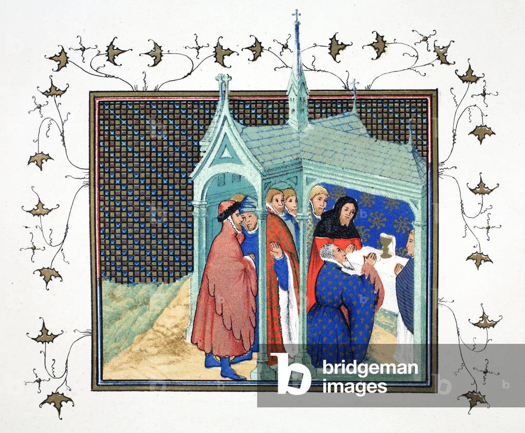 Henry Percy, comte de Northumberland (1341-1408) a la chapelle du chateau de Conway, prononce son serment de trahison lors de la grande messe - The Earl of Northumberland at High Mass in the Chapel at Conway castle taking his treacherous and fatal oath, facsimile copy from Le Prinse et mort du Roy Richart by Jean Creton reprinted 19th Century (colour lithograph). Book of the Capture and Death of King Richard II (1367-1400)