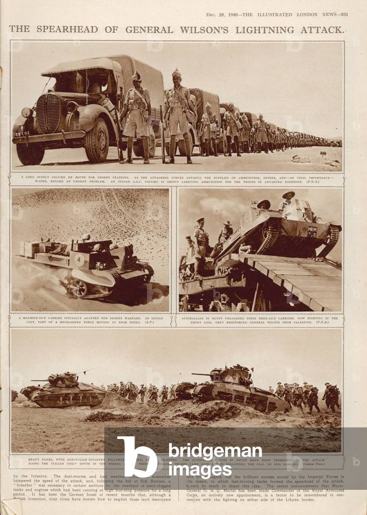 Vehicles of Victory: Units of the Mechanised Cavalry, the Spearhead of General Wilson's Lightning Attack, from 'The Illustrated London News', 28th December 1940 (b/w photo) (see also 247915)
