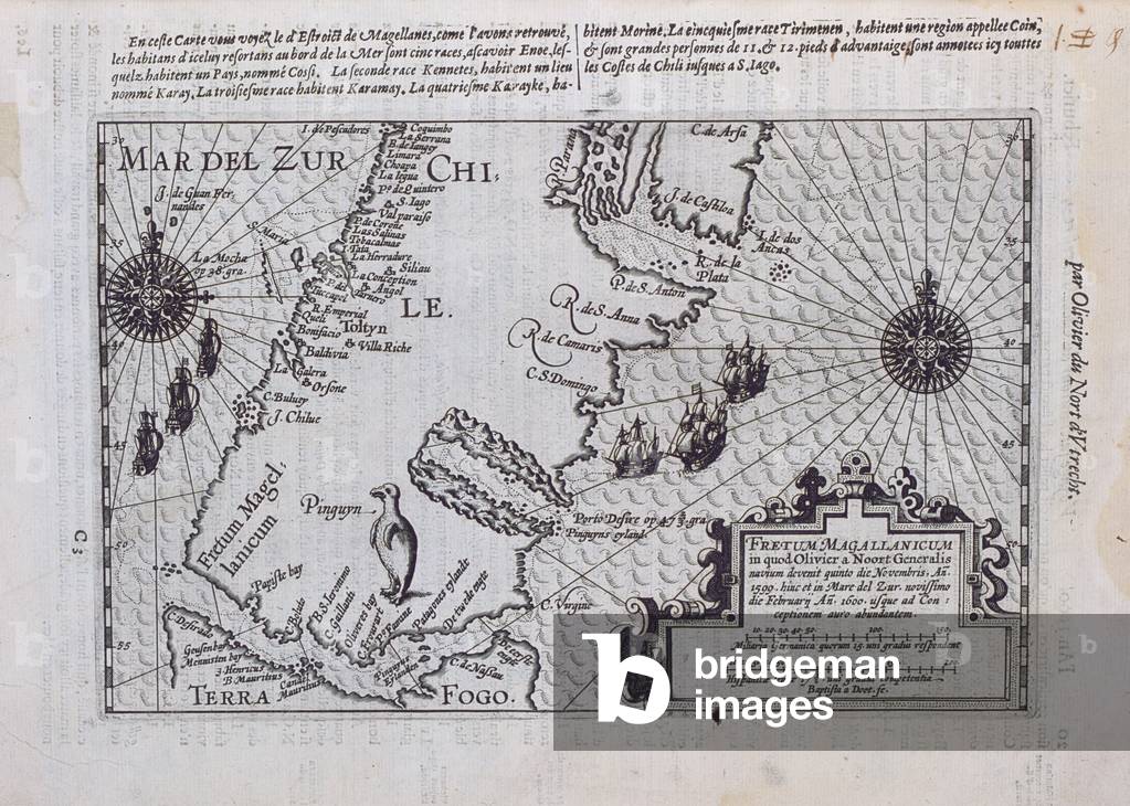 Map of the Strait of Magellan, plate from Oliver van Noort's description of his voyage, 1602 (engraving)
