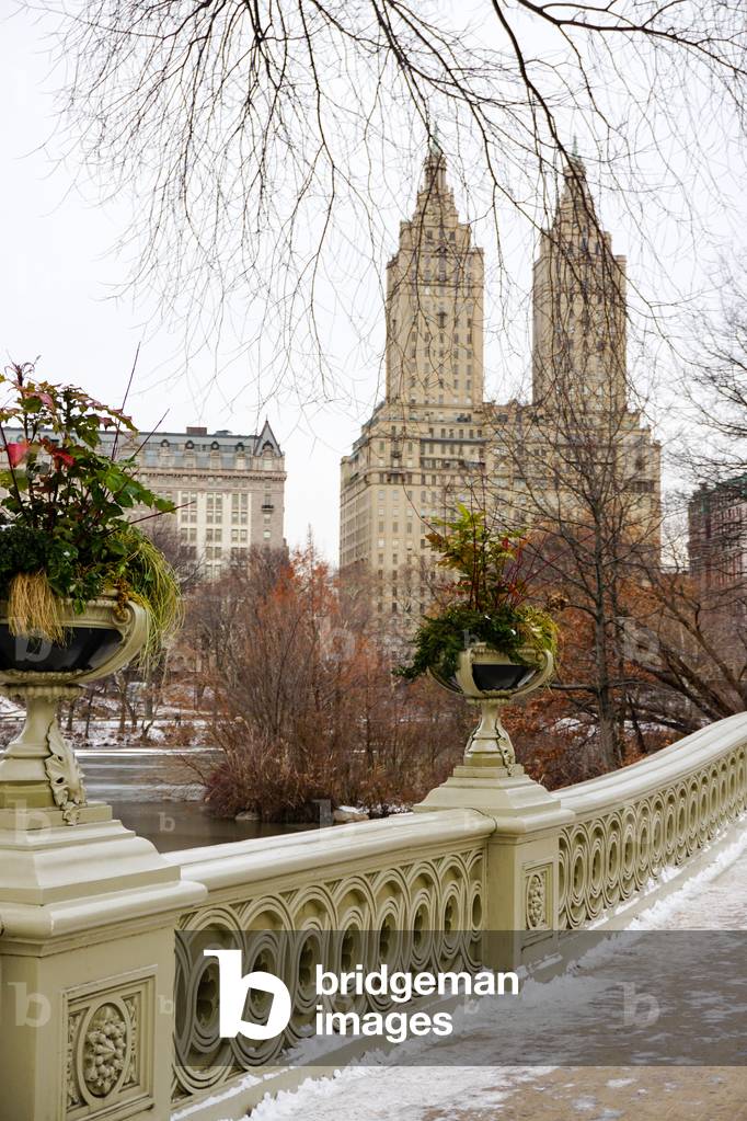 Bow Bridge and Eldorado building, Central Park, Manhattan, New York City (photo)