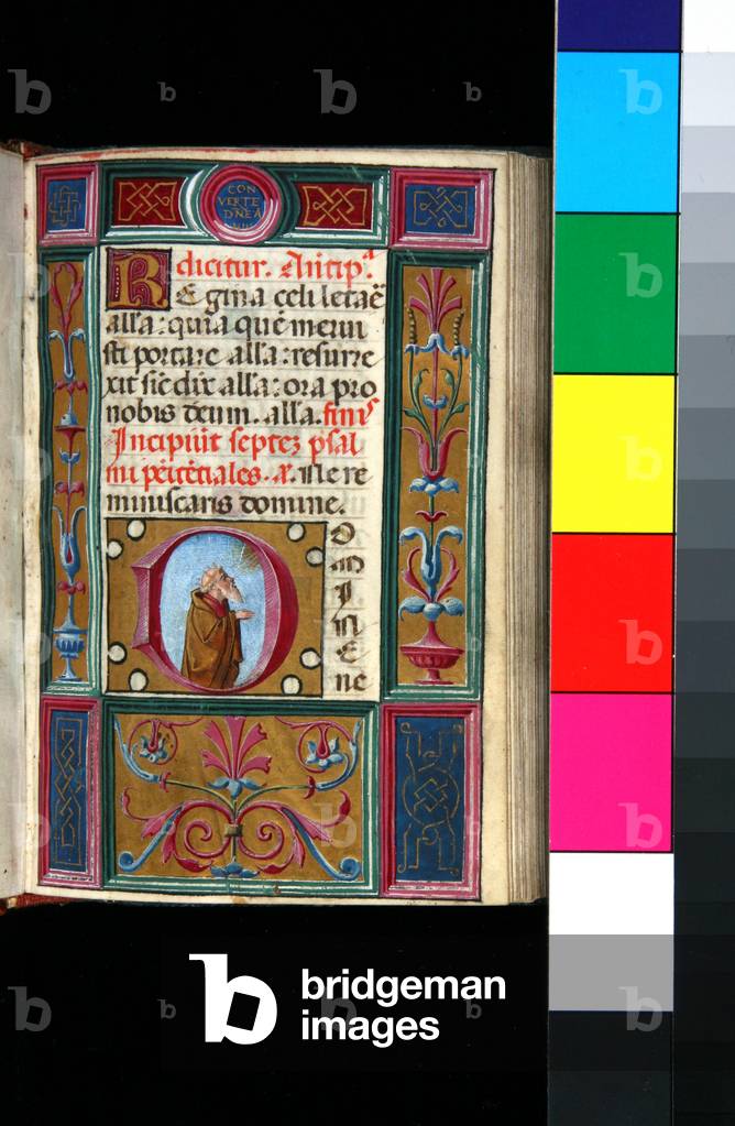 Ms 42. Book of Hours, f.76r. Illuminated Incipit page to the Penitential Psalms, with illuminated border and inhabited initial of King David at Prayer, 1490s (parchment)