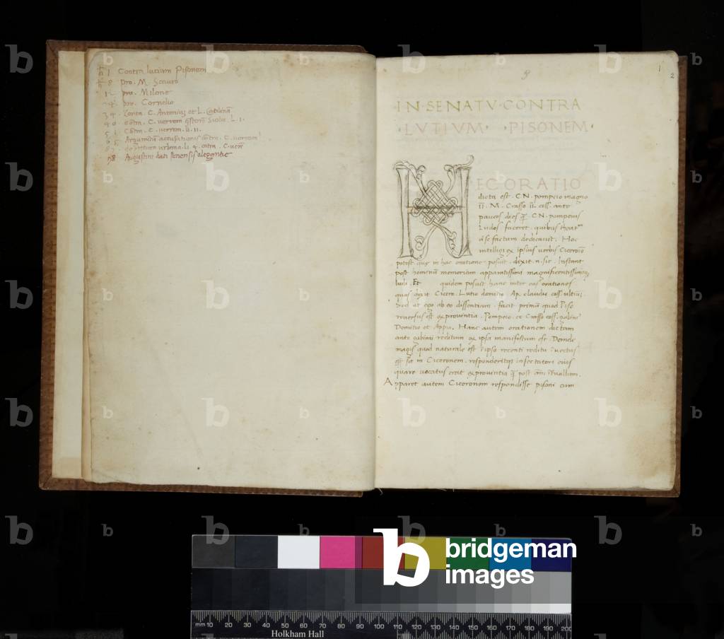 Ms 392. Quintus Asconius Pedianus, Commentarii in Orationibus Ciceronis, and other texts, ff.1v-2r. Penwork initial [H] with strapwork decoration to f.2r, and table of contents on f.1v, Venice soon after 1477 (paper)